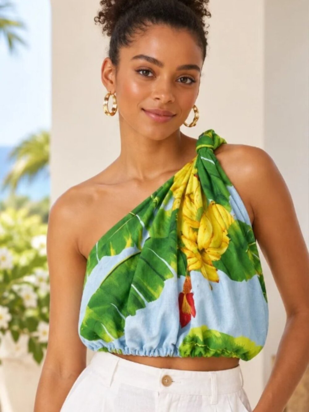 Farm Rio Linen Blend Fresh Bananas One Shoulder Knot Top - Size L - NWT